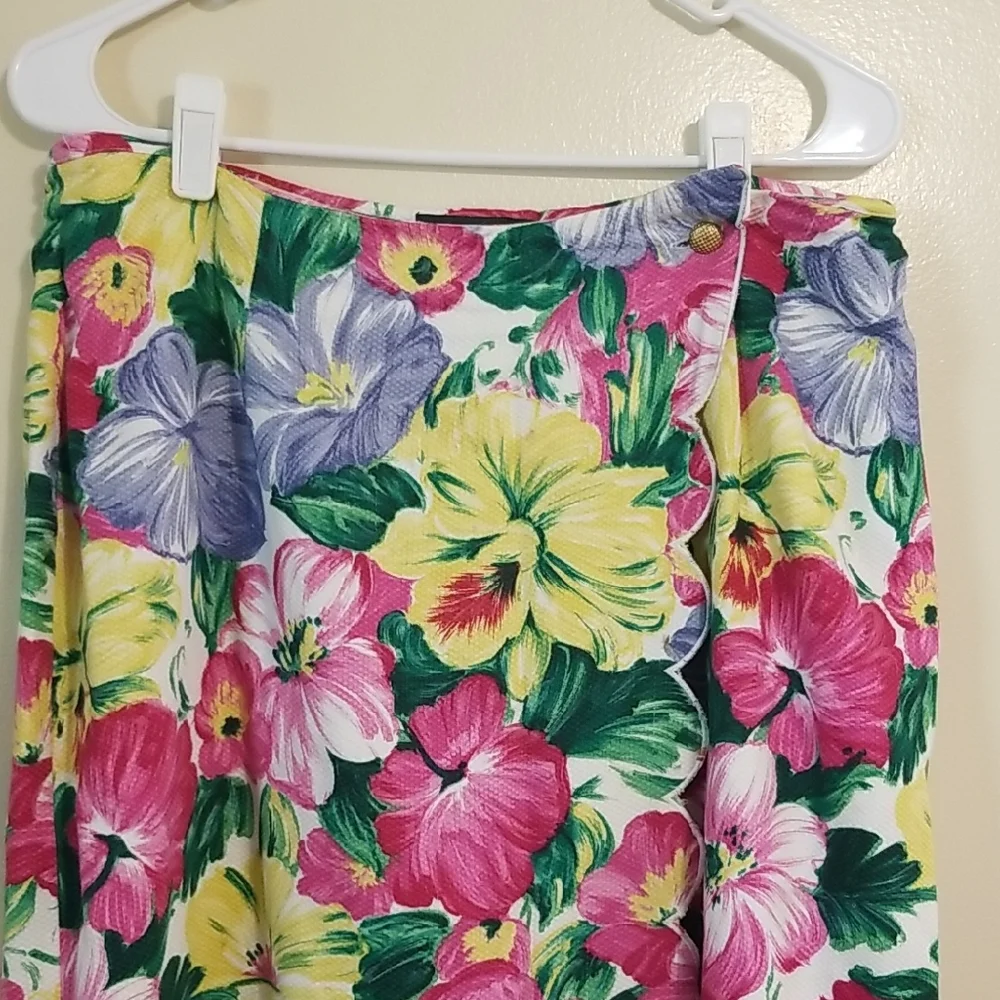 Vintage J. McLaughlin Scalloped Hem 100% Cotton Floral Feminine Midi Skirt Sz 14